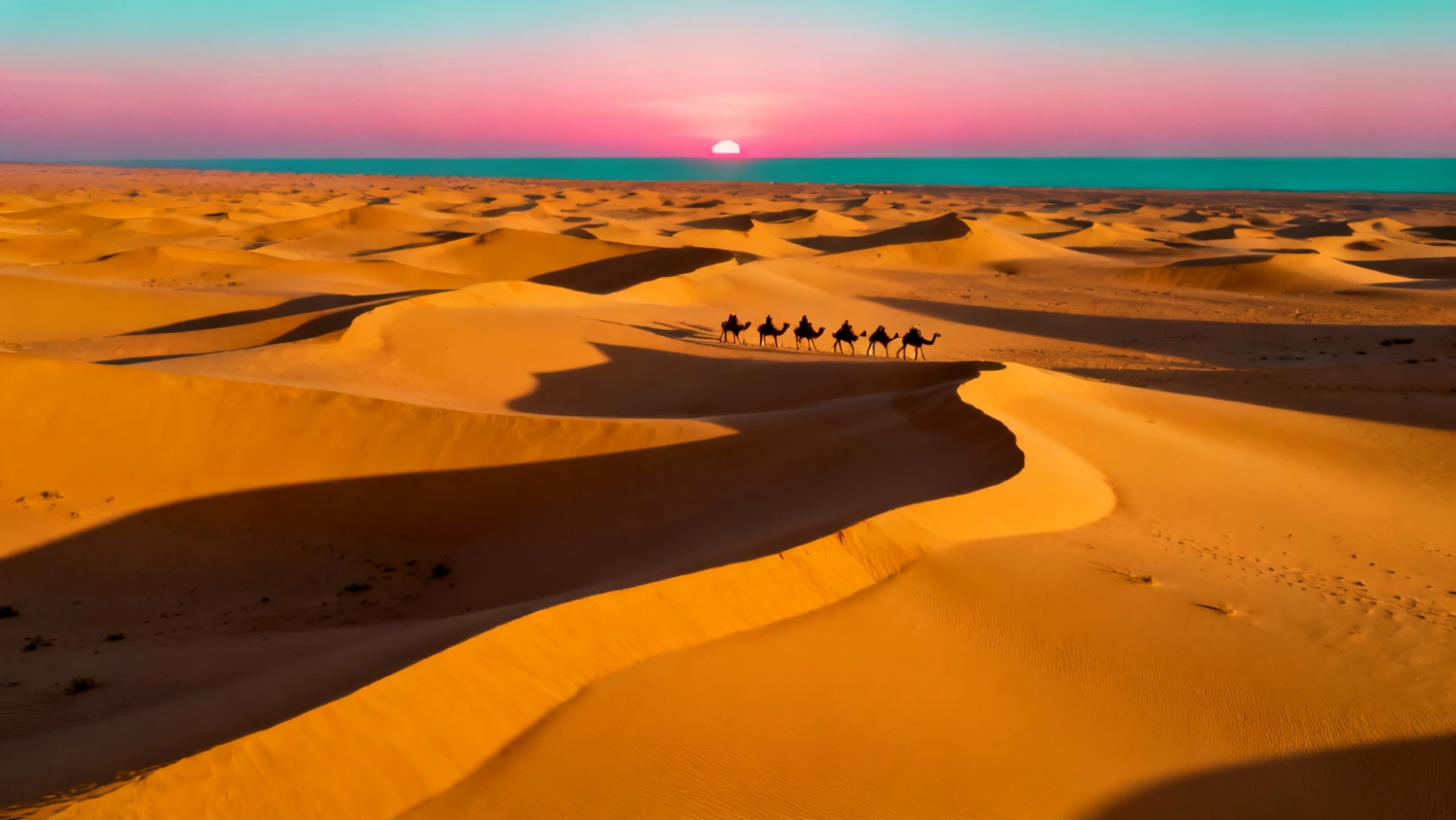 Dunes dorées du désert au coucher du soleil