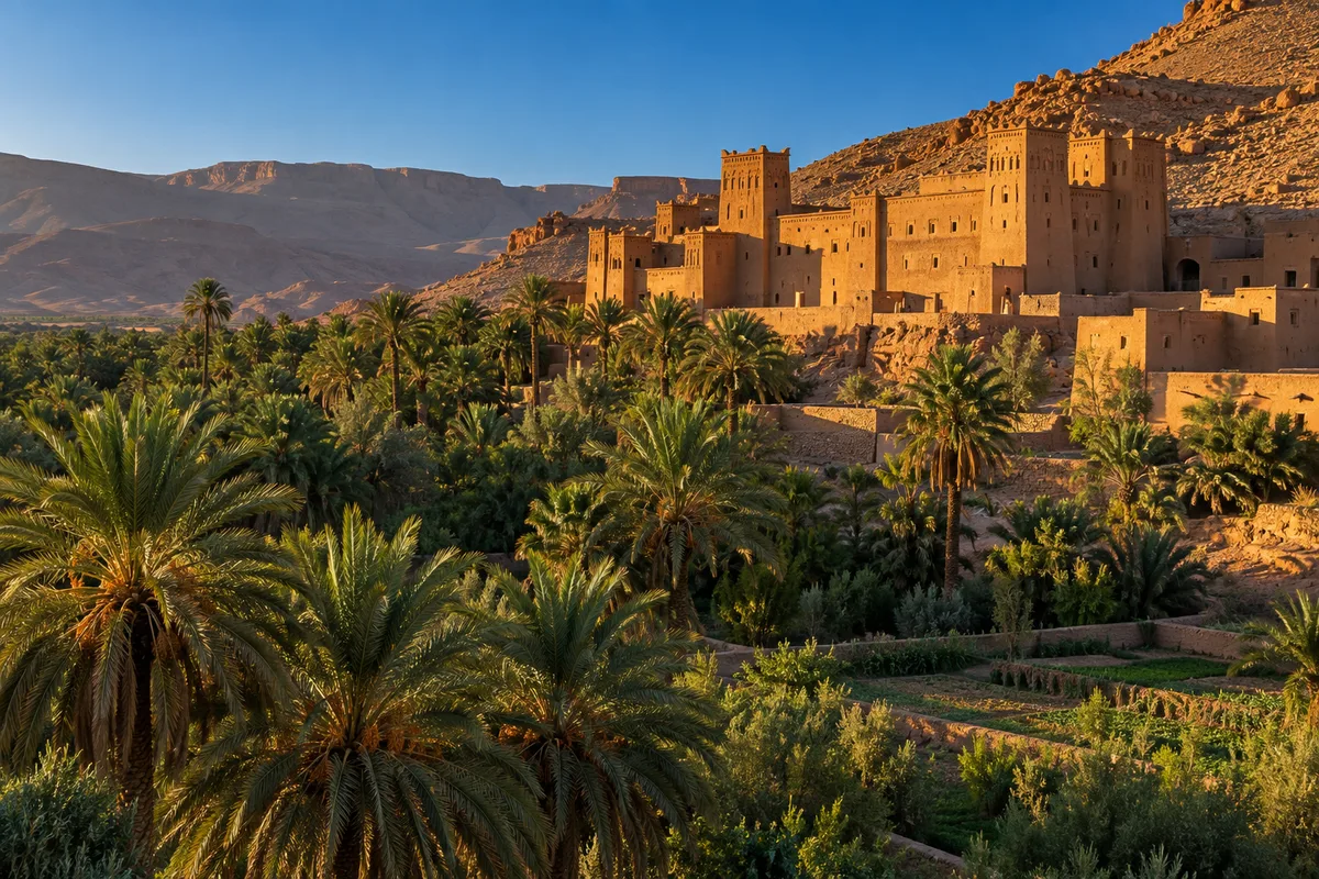 Palmeraie de la vallée du Drâa dominée par une kasbah en pisé ocre sous la lumière dorée de fin d’après-midi