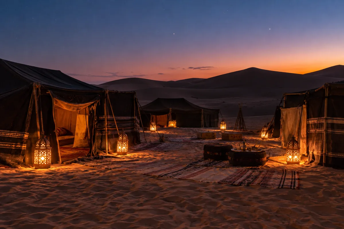 Bivouac de tentes berbères au creux des dunes au crépuscule, lanternes allumées devant les entrées