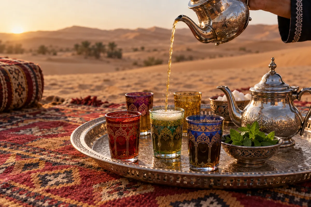 Verres à thé décorés posés sur un plateau en métal ciselé, sur un tapis étendu dans le sable du désert