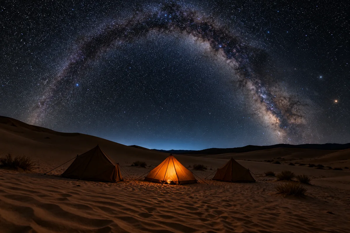 Voie lactée au-dessus d’un bivouac de tentes dans les dunes, une lueur chaude dans une tente