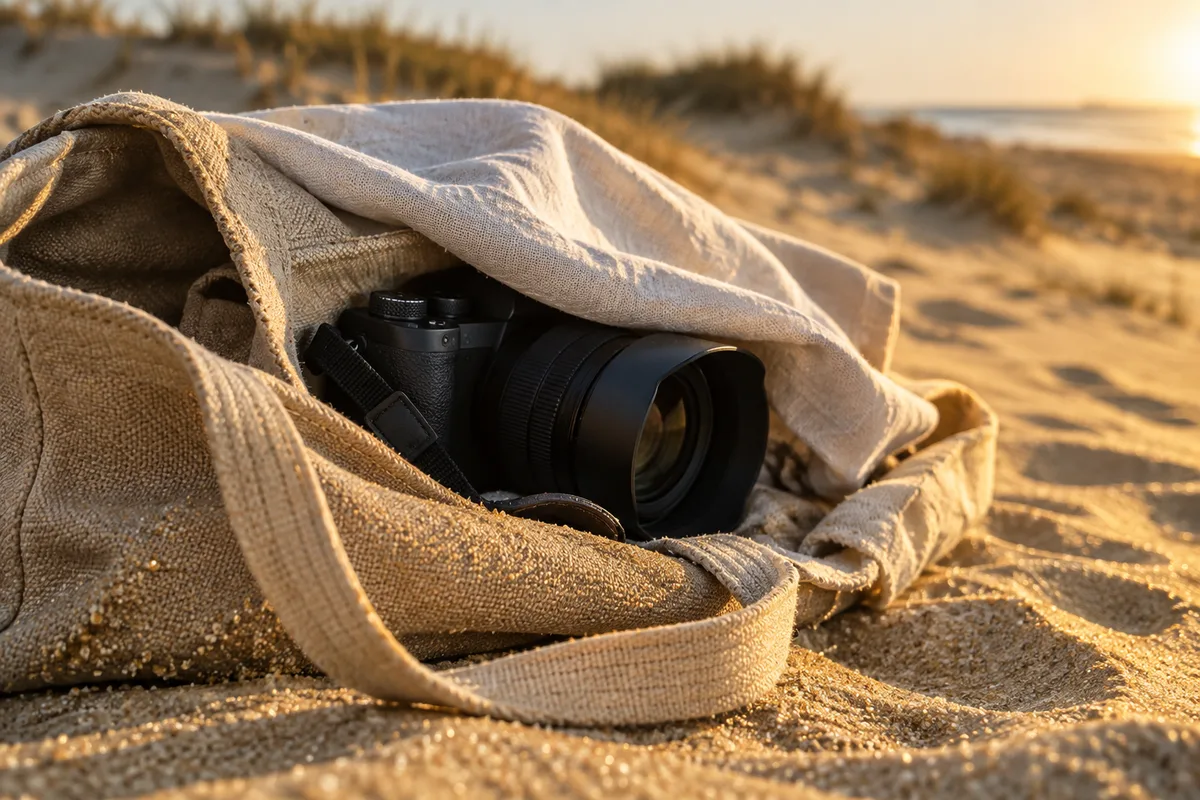 Appareil photo rangé dans un sac de toile beige posé sur le sable, un pan de tissu rabattu dessus