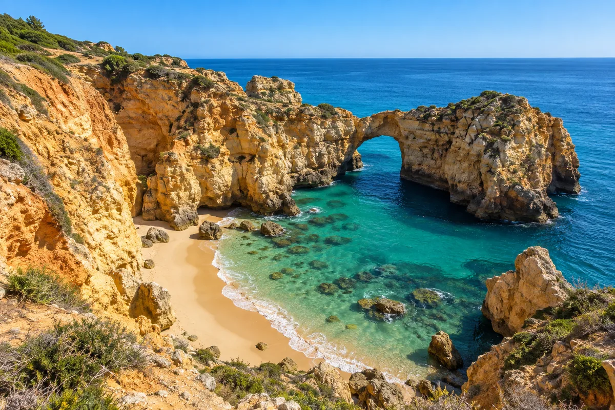 Falaises ocre surplombant une crique aux eaux turquoise