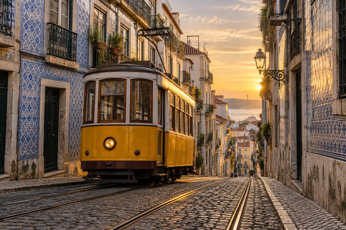 Tramway jaune dans une rue pavée en pente au soleil couchant
