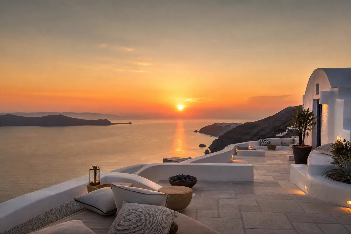 Terrasse d’hôtel-boutique blanc dominant la caldeira au coucher du soleil
