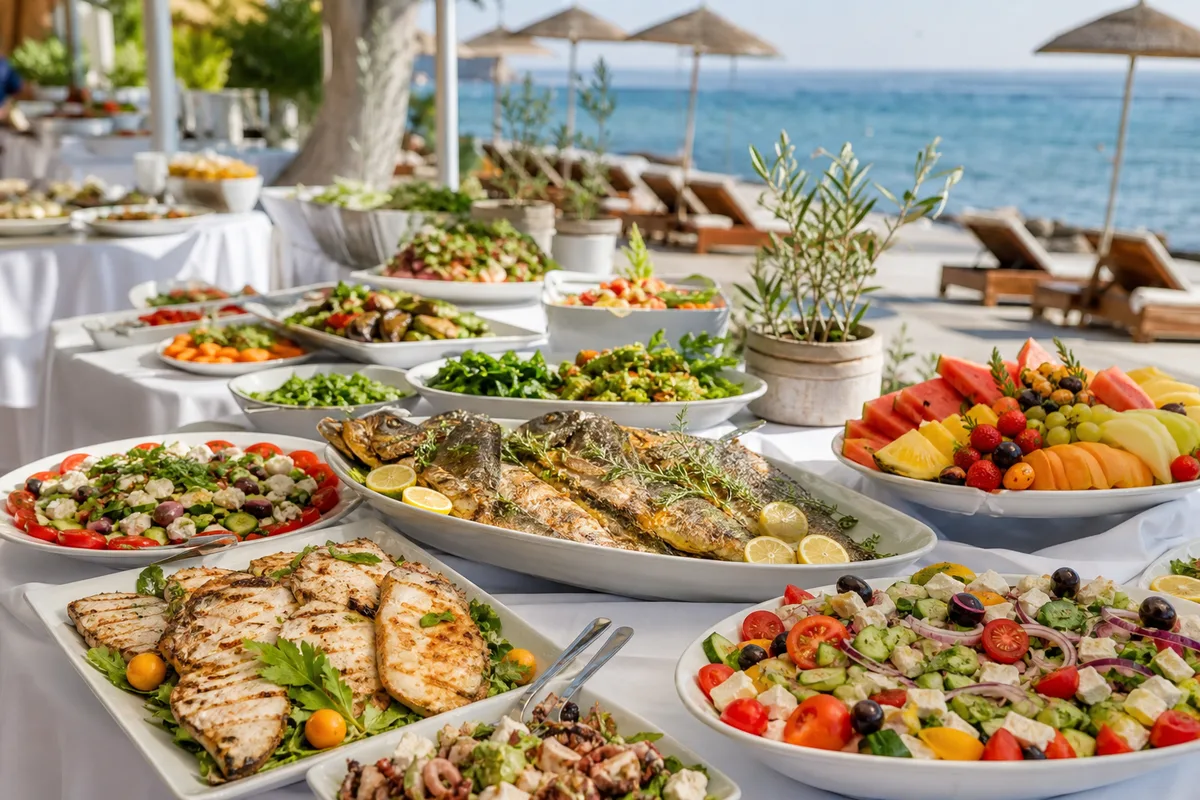 Buffet en plein air d’un hôtel bord de mer avec plats méditerranéens et transats en arrière-plan
