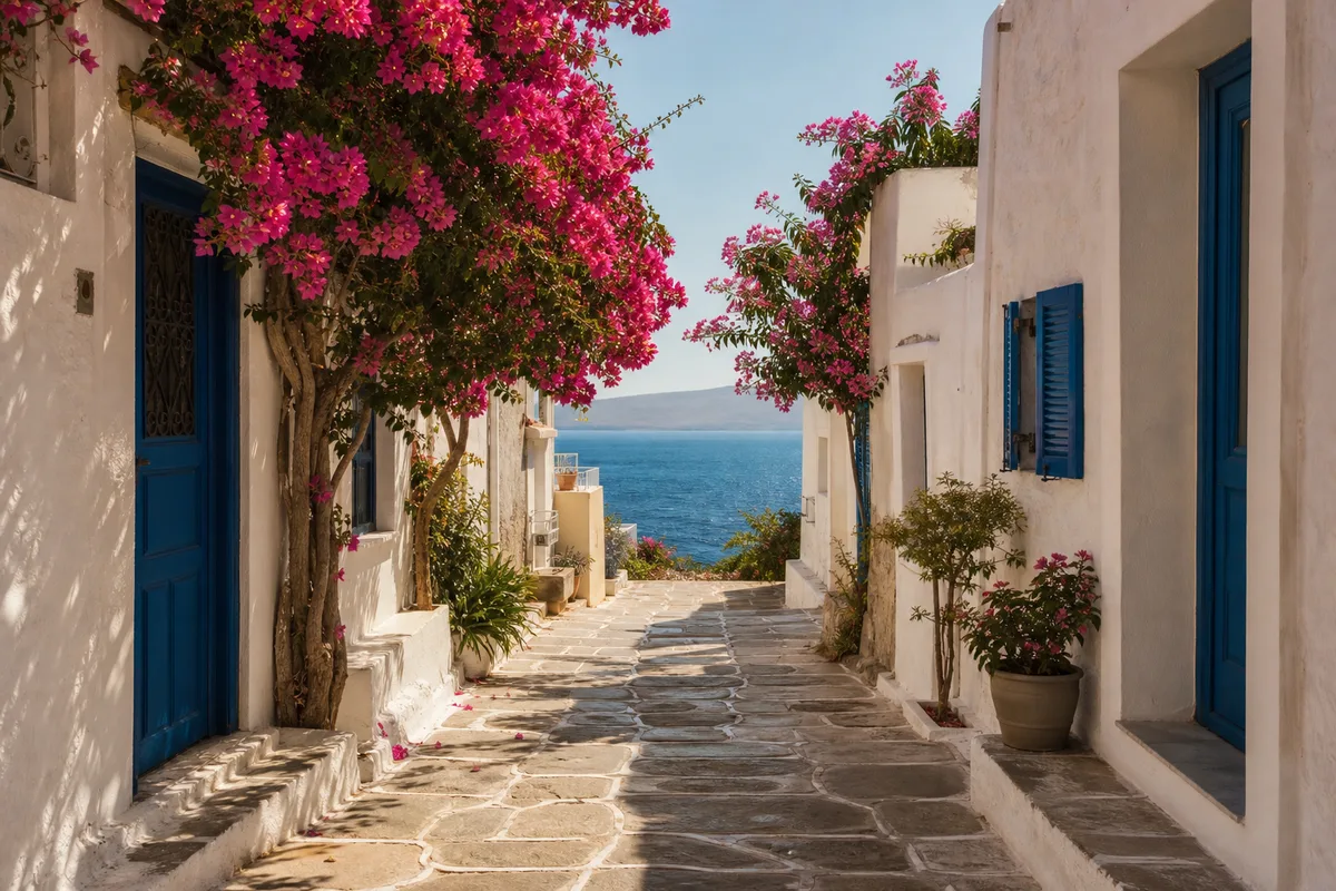 Ruelle blanche et bleue d’un village grec avec bougainvilliers en fleurs et vue sur la mer