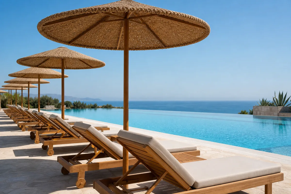 Transats et parasols alignés au bord d’une piscine à débordement face à la mer