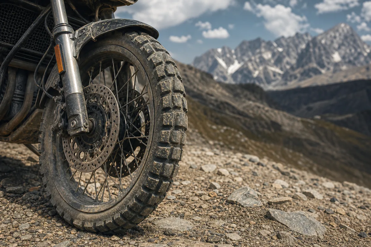 Roue avant d’un trail équipée de pneus mixtes posée sur un chemin de terre et de graviers, montagnes en arrière-plan