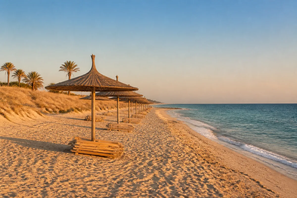 Plage de sable clair bordée de palmiers et de parasols en fibre naturelle sur la côte tunisienne en fin de journée