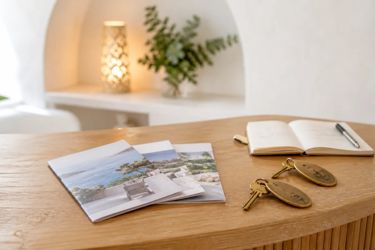 Comptoir de réception d’hôtel avec brochures d’excursions et clés de chambre posées sur le plateau