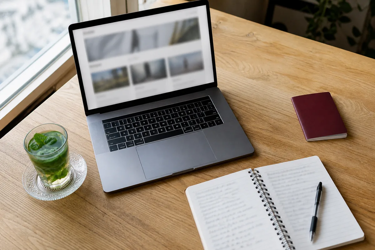 Écran d’ordinateur portable affichant un comparateur de séjours à côté d’un carnet de notes et d’une tasse de thé